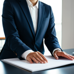 A professional individual, fully clothed in a modest business suit, deeply focused and immersed in their work at a sleek, modern desk in a well-lit office. The background is softly blurred to emphasize concentration. Subtle, abstract glowing lines emanate from the person's hands or head, symbolizing ideas and effortless productivity. The pose is natural and engaged. The image features perfect anatomy, correct proportions, well-formed hands, and natural body proportions. safe for work, appropriate content, fully clothed, professional, high-quality, professional photography.