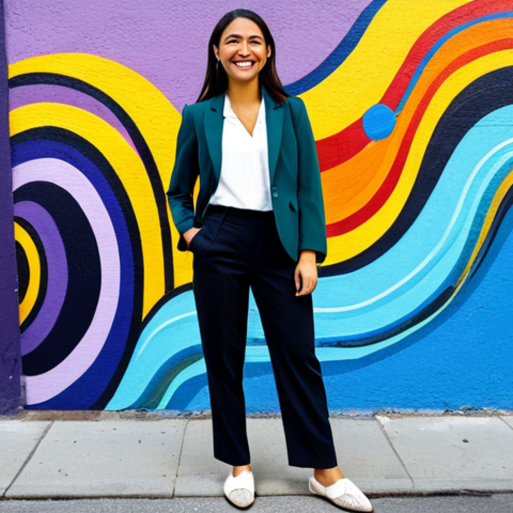 **

*   Prompt: A cheerful young professional, fully clothed in a modern business casual outfit (blazer, dress pants, stylish flats), standing confidently in front of a vibrant, colorful mural in a trendy urban setting. Perfect anatomy, proper finger count, well-formed hands, natural pose, professional photography, high quality, safe for work, appropriate content, modest, family-friendly.

**