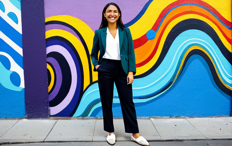 **
* Prompt: A cheerful young professional, fully clothed in a modern business casual outfit (blazer, dress pants, stylish flats), standing confidently in front of a vibrant, colorful mural in a trendy urban setting. Perfect anatomy, proper finger count, well-formed hands, natural pose, professional photography, high quality, safe for work, appropriate content, modest, family-friendly.
**