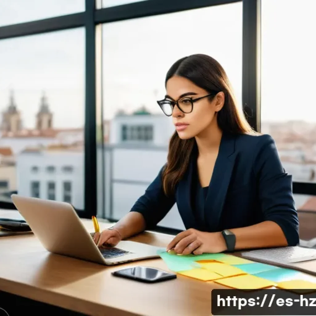 플로우 상태에서의 피드백 활용법 - A modern home office scene with a focused young Hispanic professional woman sitting at a sleek desk,...