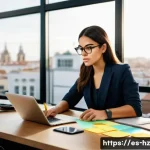 Home 19 플로우 상태에서의 피드백 활용법 - A modern home office scene with a focused young Hispanic professional woman sitting at a sleek desk,...