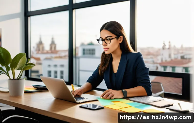플로우 상태에서의 피드백 활용법 - A modern home office scene with a focused young Hispanic professional woman sitting at a sleek desk,...