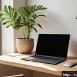 Home 18 플로우 상태를 위한 일상 루틴 설정 방법 - A modern, minimalist home office workspace bathed in warm natural light from a large window, featuri...