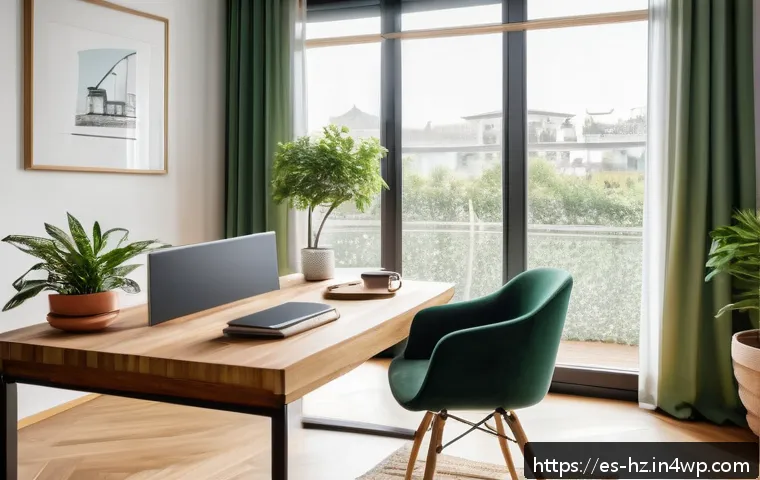 플로우 상태를 위한 자기조절 훈련 - A modern, bright home office bathed in natural sunlight, featuring a neatly organized wooden desk wi...