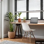 Home 20 플로우 상태를 위한 집중력 강화 전략 - A modern, tidy home office bathed in natural light from a large window, featuring a sleek wooden des...