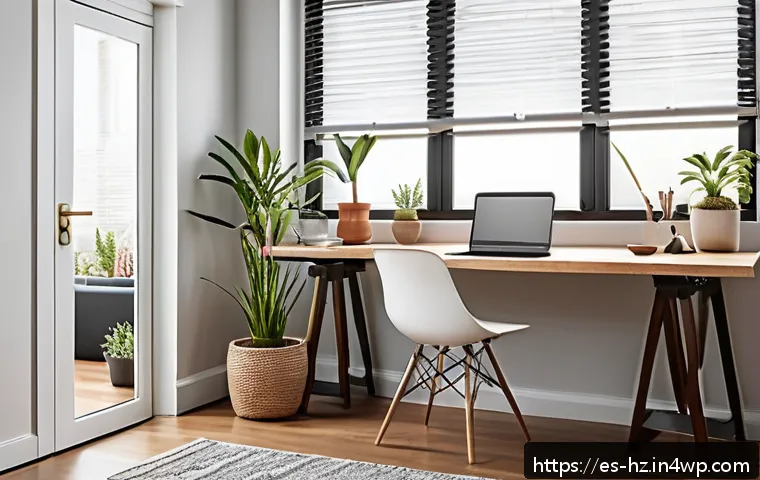 플로우 상태를 위한 집중력 강화 전략 - A modern, tidy home office bathed in natural light from a large window, featuring a sleek wooden des...